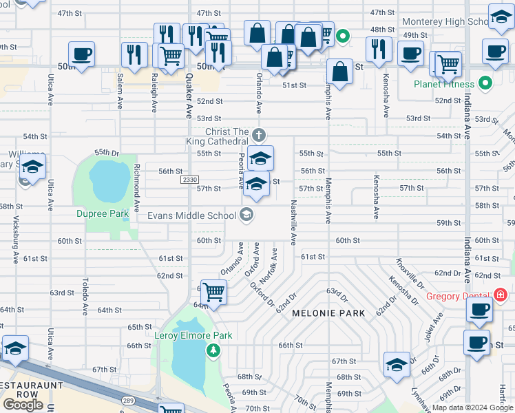 map of restaurants, bars, coffee shops, grocery stores, and more near 4211 58th Street in Lubbock