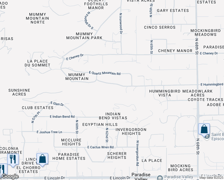 map of restaurants, bars, coffee shops, grocery stores, and more near 6229 East Hummingbird Lane in Paradise Valley