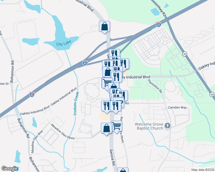 map of restaurants, bars, coffee shops, grocery stores, and more near 7865 Senoia Road in Fairburn