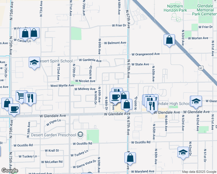 map of restaurants, bars, coffee shops, grocery stores, and more near 7149 North 68th Drive in Glendale