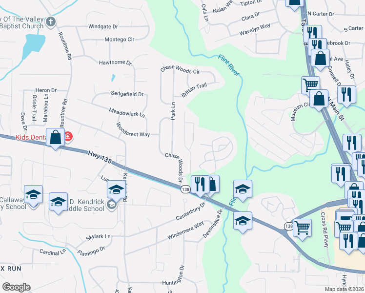 map of restaurants, bars, coffee shops, grocery stores, and more near 7805 Newbury Drive in Jonesboro