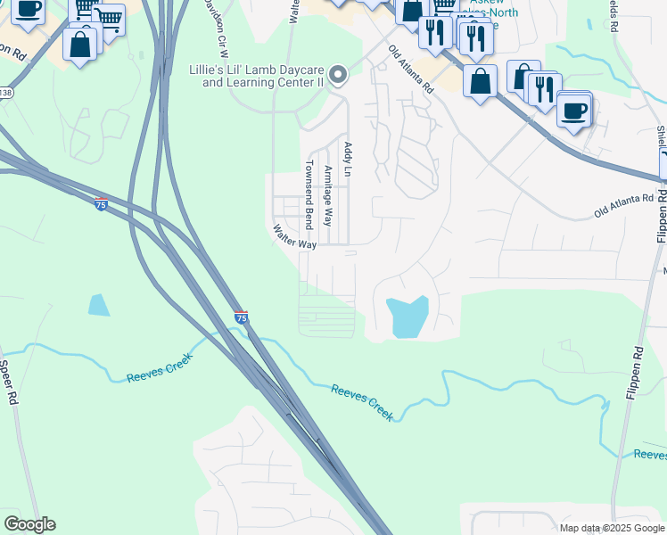 map of restaurants, bars, coffee shops, grocery stores, and more near 3000 Walter Way in Stockbridge
