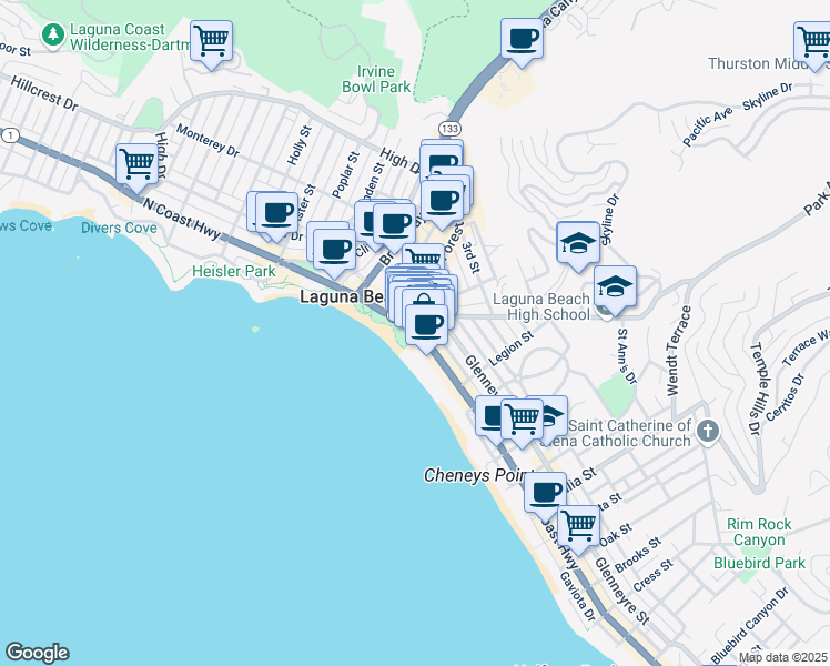 map of restaurants, bars, coffee shops, grocery stores, and more near 387 South Coast Highway in Laguna Beach