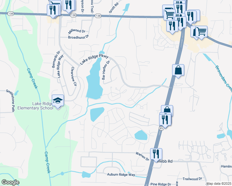 map of restaurants, bars, coffee shops, grocery stores, and more near 1506 Garden Lake Drive in Riverdale