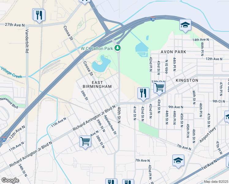 map of restaurants, bars, coffee shops, grocery stores, and more near 1021 Cahaba Street in Birmingham