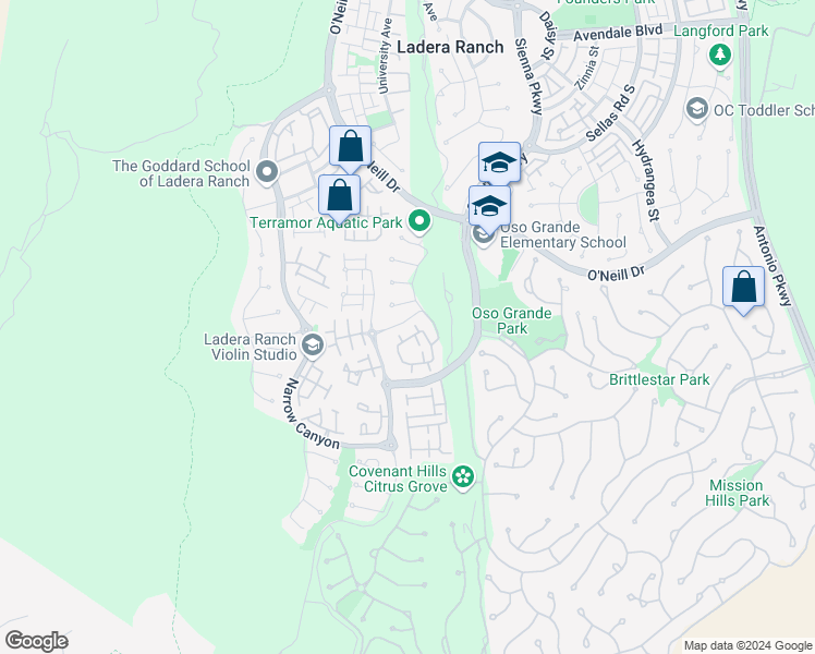 map of restaurants, bars, coffee shops, grocery stores, and more near 23 Bedstraw Loop in Mission Viejo