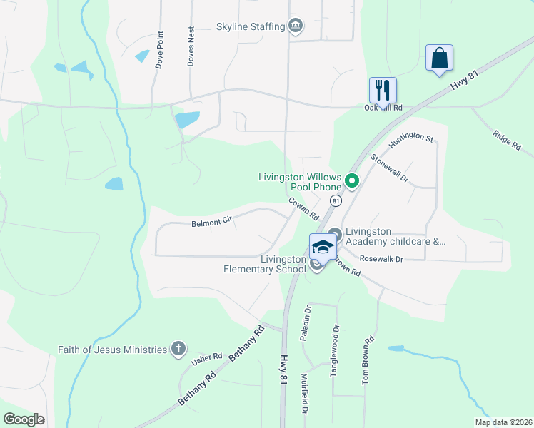 map of restaurants, bars, coffee shops, grocery stores, and more near 45 Belmont Circle in Covington
