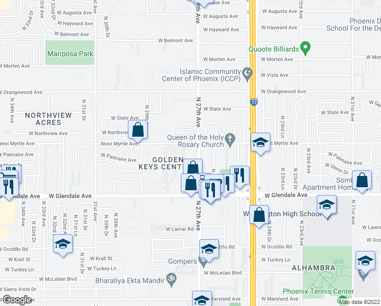 map of restaurants, bars, coffee shops, grocery stores, and more near 7130 North 27th Avenue in Phoenix