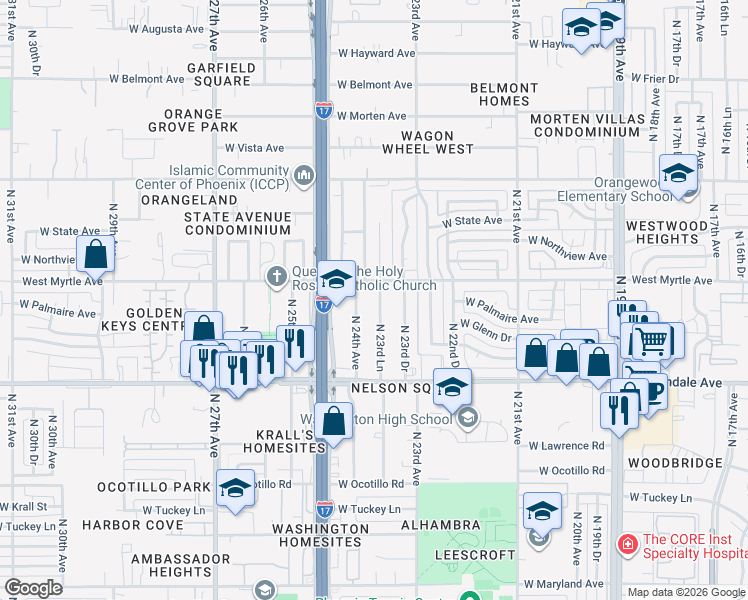 map of restaurants, bars, coffee shops, grocery stores, and more near 7136 North 23rd Lane in Phoenix