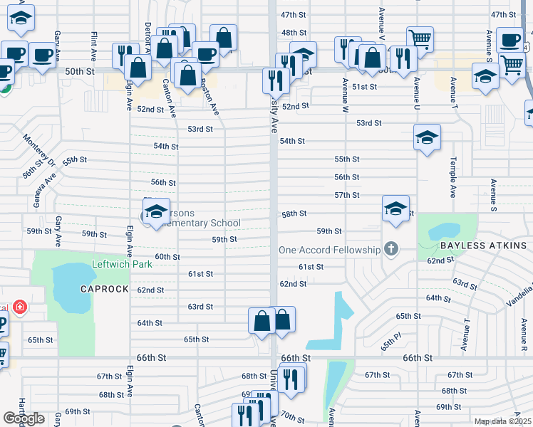 map of restaurants, bars, coffee shops, grocery stores, and more near 2502 58th Street in Lubbock