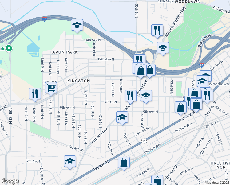 map of restaurants, bars, coffee shops, grocery stores, and more near 947 47th Place North in Birmingham