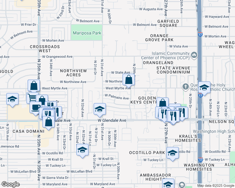 map of restaurants, bars, coffee shops, grocery stores, and more near 2956 West Palmaire Avenue in Phoenix