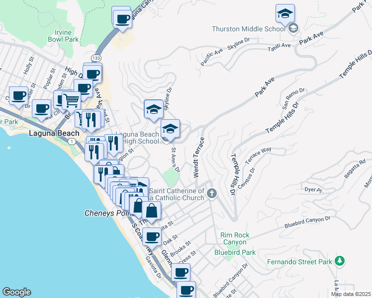 map of restaurants, bars, coffee shops, grocery stores, and more near 646 Griffith Way in Laguna Beach