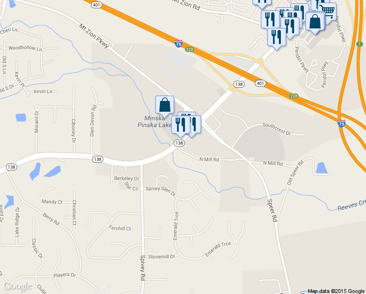 map of restaurants, bars, coffee shops, grocery stores, and more near 925 Hwy 138 in Stockbridge