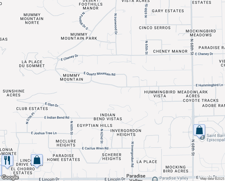 map of restaurants, bars, coffee shops, grocery stores, and more near 6229 East Hummingbird Lane in Paradise Valley