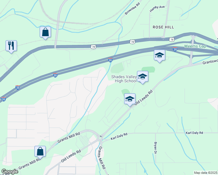 map of restaurants, bars, coffee shops, grocery stores, and more near 5998 Old Leeds Road in Irondale
