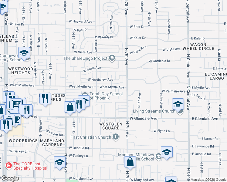 map of restaurants, bars, coffee shops, grocery stores, and more near 7116 North 8th Avenue in Phoenix