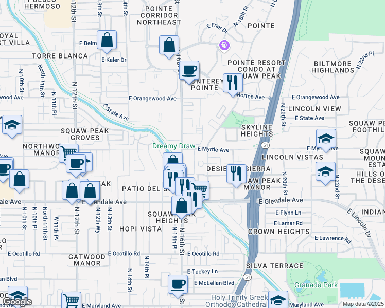 map of restaurants, bars, coffee shops, grocery stores, and more near 7141 North 16th Street in Phoenix