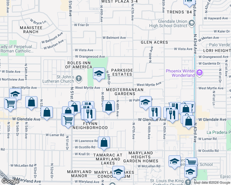 map of restaurants, bars, coffee shops, grocery stores, and more near 7158 North 48th Avenue in Glendale