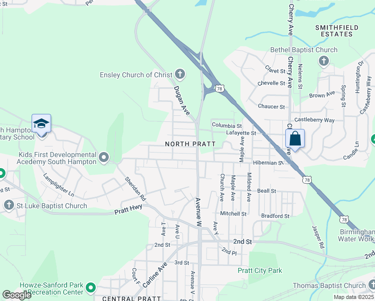 map of restaurants, bars, coffee shops, grocery stores, and more near 1029 Trilby Street in Birmingham