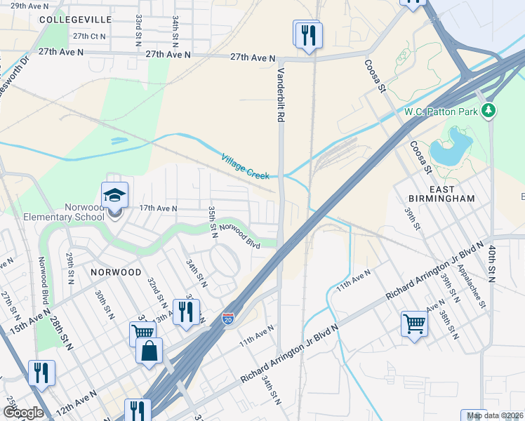 map of restaurants, bars, coffee shops, grocery stores, and more near 1516 36th Place North in Birmingham