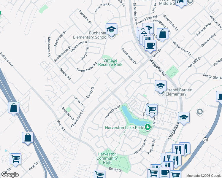 map of restaurants, bars, coffee shops, grocery stores, and more near 27484 Blackstone Road in Temecula