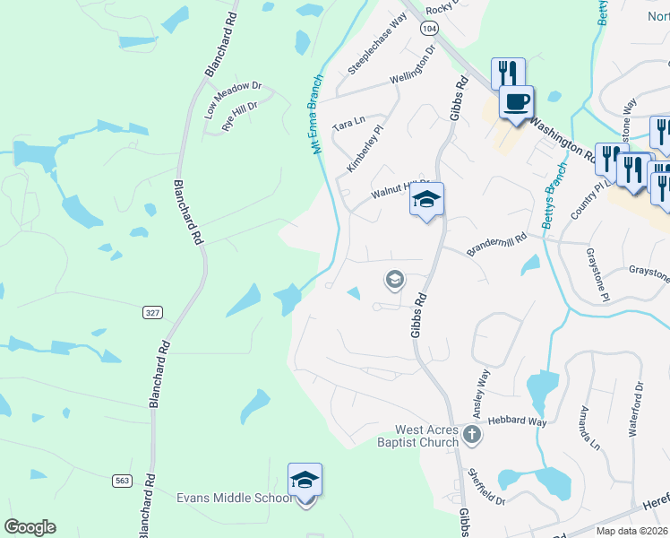 map of restaurants, bars, coffee shops, grocery stores, and more near 4703 Walnut Hill Drive in Evans