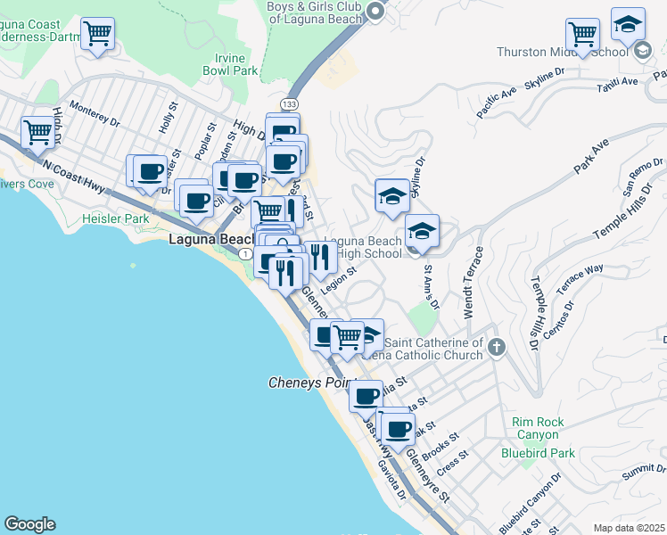 map of restaurants, bars, coffee shops, grocery stores, and more near 556 Through Street in Laguna Beach