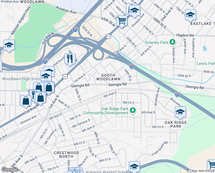 map of restaurants, bars, coffee shops, grocery stores, and more near 6017 Georgia Road in Birmingham