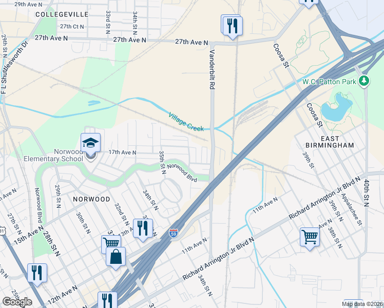 map of restaurants, bars, coffee shops, grocery stores, and more near 1513 36th Street North in Birmingham