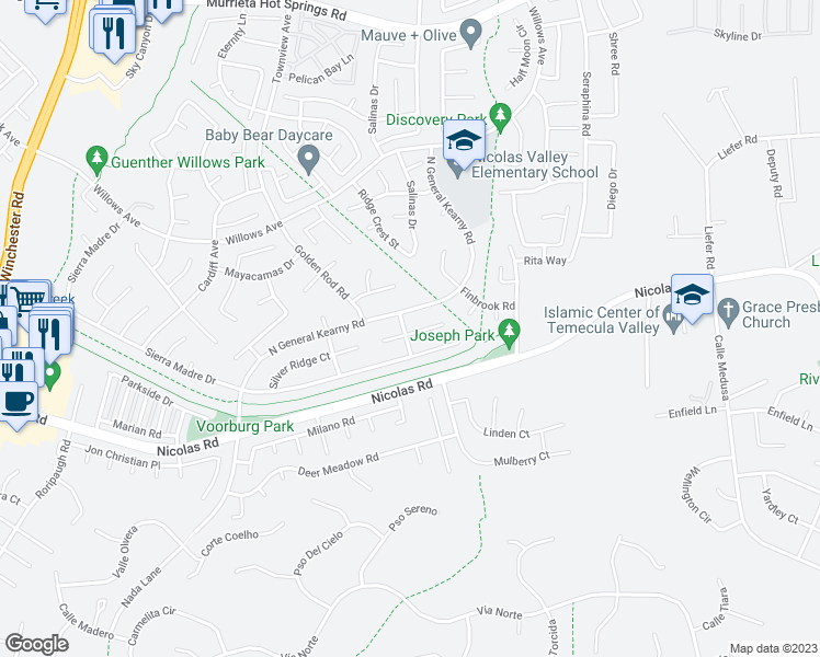 map of restaurants, bars, coffee shops, grocery stores, and more near 30464 Bogart Place in Temecula