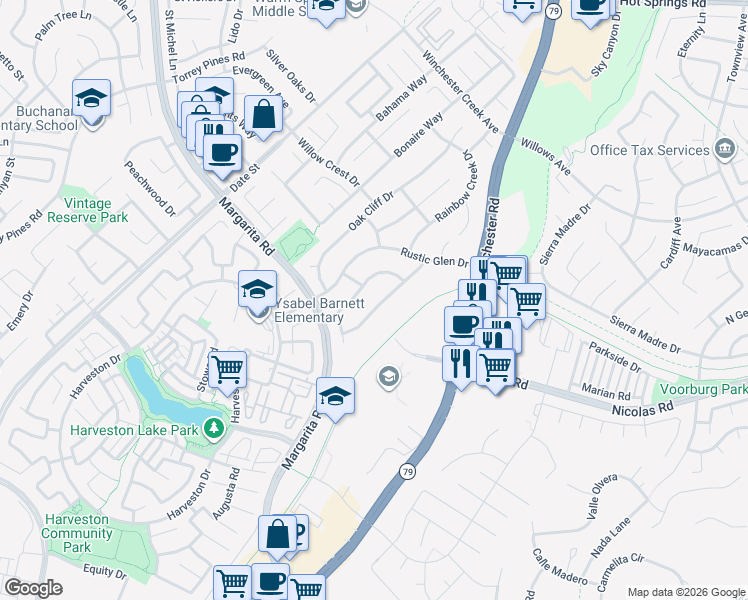 map of restaurants, bars, coffee shops, grocery stores, and more near 39785 Knollridge Drive in Temecula