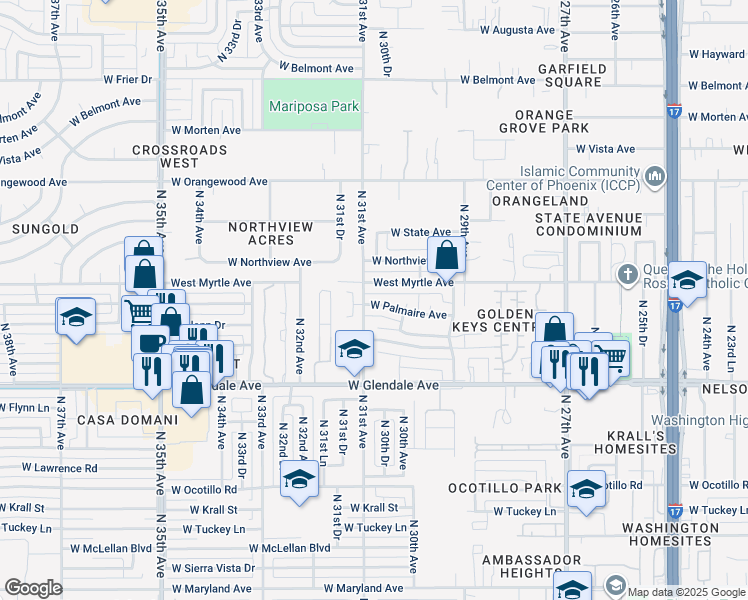 map of restaurants, bars, coffee shops, grocery stores, and more near 3038 West Palmaire Avenue in Phoenix