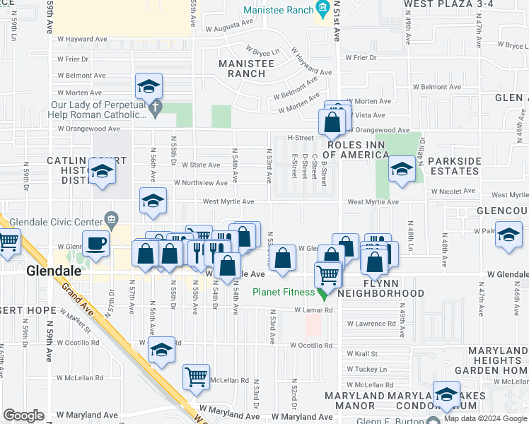 map of restaurants, bars, coffee shops, grocery stores, and more near 7154 North 53rd Avenue in Glendale