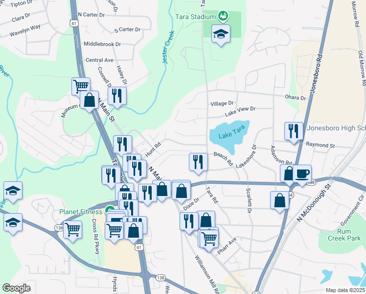map of restaurants, bars, coffee shops, grocery stores, and more near 941 Hunt Road in Jonesboro