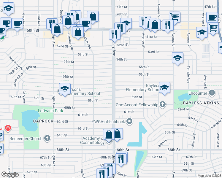 map of restaurants, bars, coffee shops, grocery stores, and more near 2502 58th Street in Lubbock