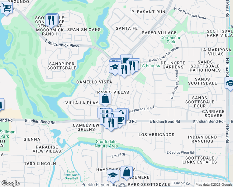 map of restaurants, bars, coffee shops, grocery stores, and more near 8106 East Vía Del Futuro in Scottsdale