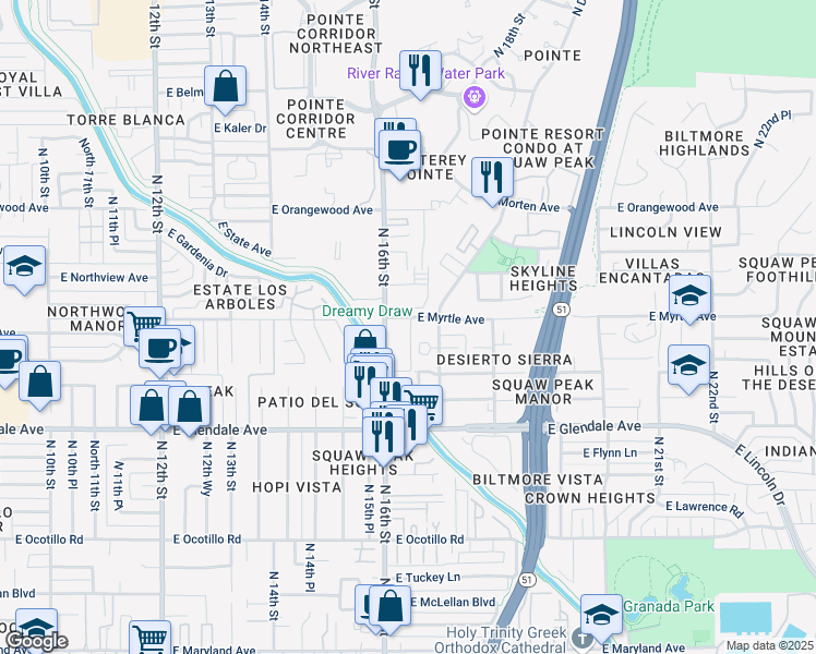 map of restaurants, bars, coffee shops, grocery stores, and more near 7141 North 16th Street in Phoenix