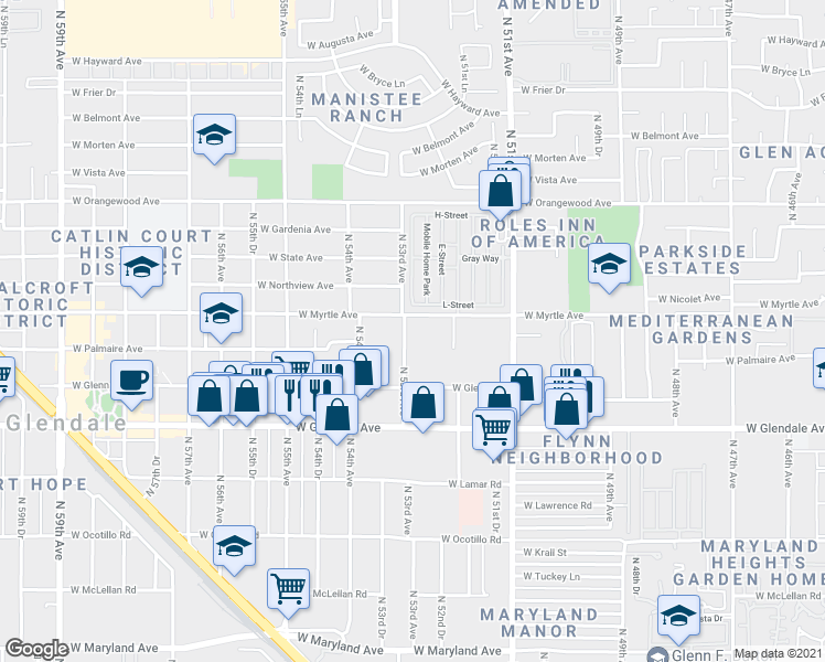 map of restaurants, bars, coffee shops, grocery stores, and more near 7154 North 53rd Avenue in Glendale