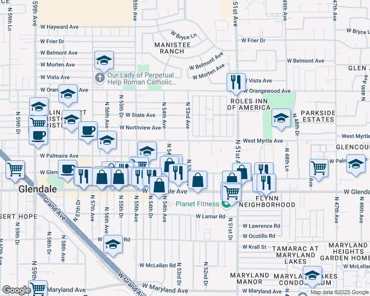 map of restaurants, bars, coffee shops, grocery stores, and more near 7154 North 53rd Avenue in Glendale