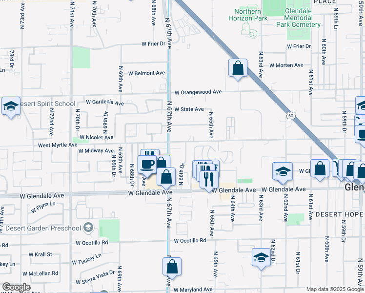 map of restaurants, bars, coffee shops, grocery stores, and more near 7143 North 66th Drive in Glendale