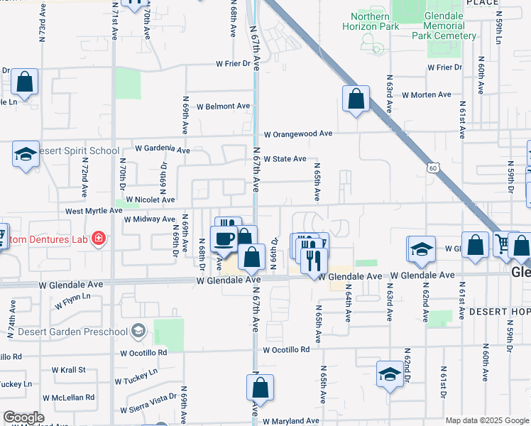 map of restaurants, bars, coffee shops, grocery stores, and more near in Glendale