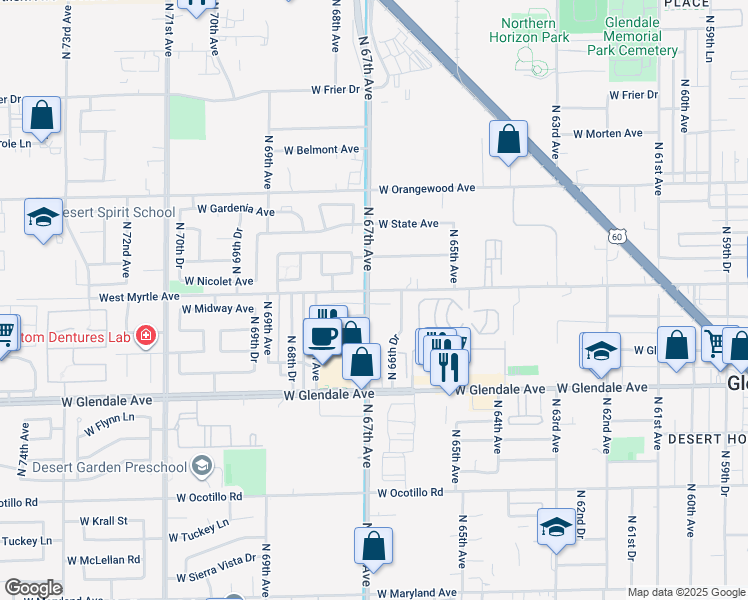 map of restaurants, bars, coffee shops, grocery stores, and more near in Glendale