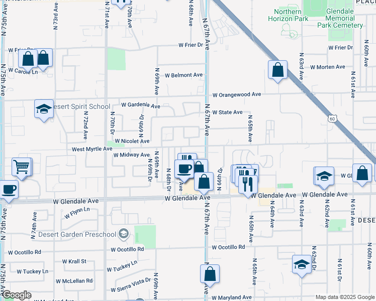 map of restaurants, bars, coffee shops, grocery stores, and more near 6731 West Myrtle Avenue in Glendale
