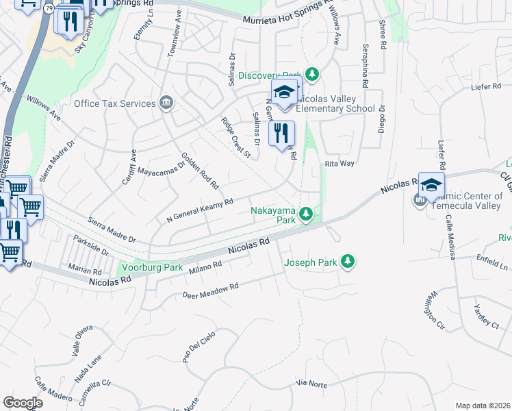 map of restaurants, bars, coffee shops, grocery stores, and more near 30464 Bogart Place in Temecula
