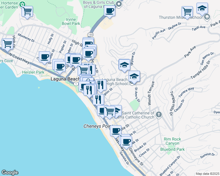 map of restaurants, bars, coffee shops, grocery stores, and more near 545 Legion Street in Laguna Beach