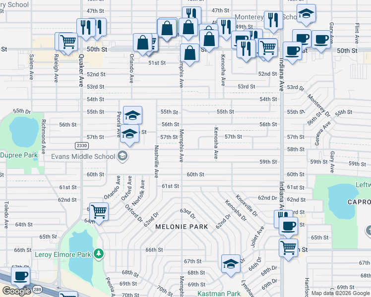 map of restaurants, bars, coffee shops, grocery stores, and more near 3999 58th Street in Lubbock