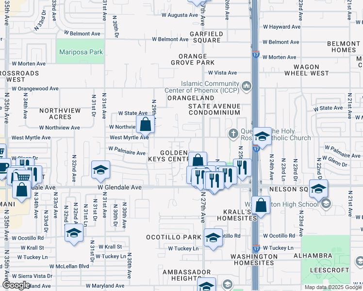 map of restaurants, bars, coffee shops, grocery stores, and more near 7133 N 28th Ave in Phoenix