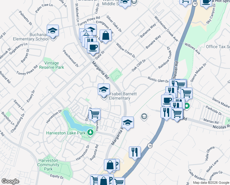 map of restaurants, bars, coffee shops, grocery stores, and more near 29279 Providence Road in Temecula