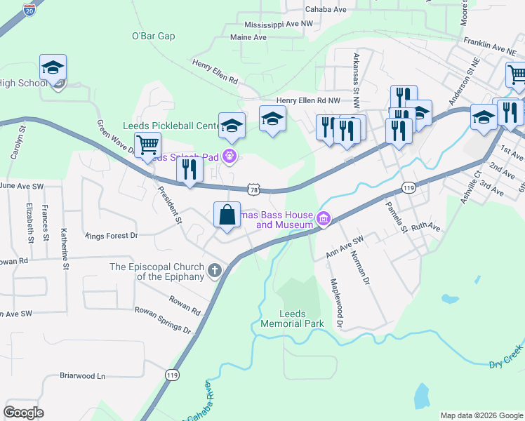 map of restaurants, bars, coffee shops, grocery stores, and more near 1136 Robert E Lee Street in Leeds